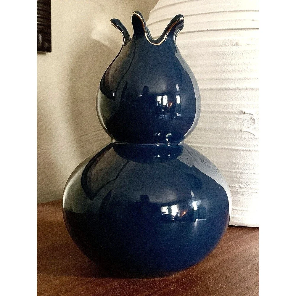 Cobalt Blue Gourd Vase Glossy Pomegranate Ceramic Dark Academia Mood Maximalist